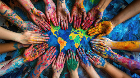 A vibrant top view of painted hands around a world map, symbolizing unity and creativity. Celebrate diversity and collaboration through art and expression.の素材