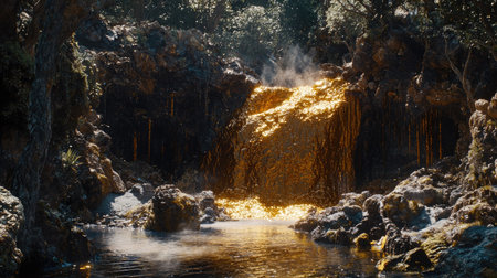 A breathtaking view of a shimmering waterfall in an enchanted forest, with sunlight reflecting off the water, creating a serene and magical atmosphere.の素材