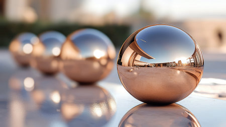 A stunning arrangement of reflective metallic spheres showcases intricate details and reflections of an urban landscape, highlighting beauty and design.の素材