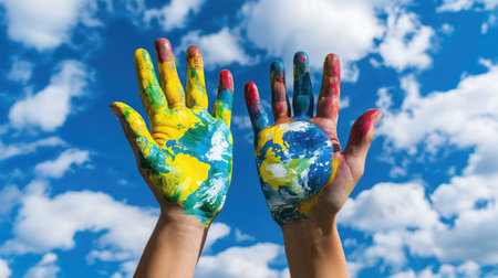 Two hands painted in vibrant colors shape the Earth against a backdrop of blue sky and fluffy clouds, symbolizing creativity, unity, and environmental awareness.の素材