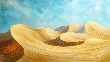 This abstract image features a serene desert landscape with flowing sand dunes under a gentle blue sky, creating a tranquil and artistic atmosphere.の素材