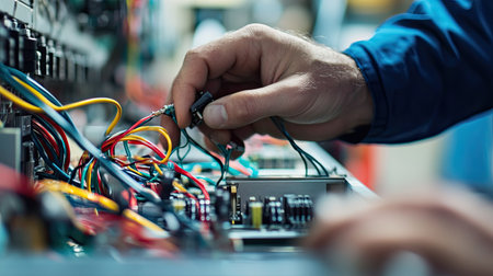 A close-up view of a skilled technician's hand working on electrical wires in a complex technical setup, showcasing the intricate details of wiring and connections.の素材