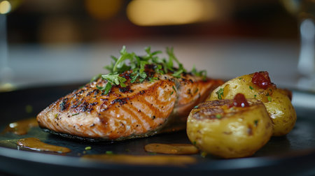 A beautifully grilled salmon fillet served with roasted potatoes and garnished with fresh herbs, showcasing a delicious and nutritious meal presentation.の素材