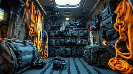 A well-organized equipment storage area featuring tactical bags, ropes, and various accessories arranged inside a vehicle, ideal for adventure and professional use.の素材