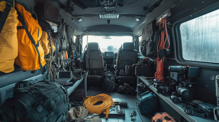 This image showcases the interior of a well-equipped adventure vehicle, featuring various gear, tools, and storage solutions ideal for outdoor enthusiasts and photographers.の素材