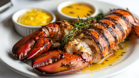 A beautifully presented grilled lobster tail served with a rich sauce and fresh herbs. Ideal for culinary enthusiasts and gourmet dining experiences.の素材