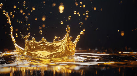 A stunning golden splash creates a crown shape with droplets in a dark background, capturing elegance and luxury in a vibrant, artistic manner.の素材