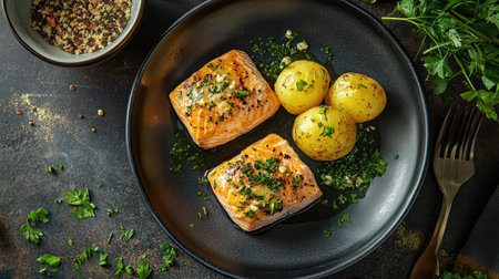 A captivating dish featuring grilled salmon fillets, garnished with garlic and herbs, served alongside tender yellow potatoes on a stylish black plate.の素材