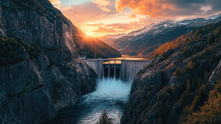 Experience the stunning beauty of a sunrise over a grand mountain dam, surrounded by rugged cliffs and tranquil waters. This image captures nature's harmony.の素材