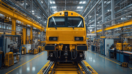 A vibrant yellow train stands ready in a modern industrial workshop, surrounded by advanced machinery and tools, highlighting transportation engineering and innovation.の素材