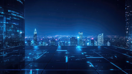 A stunning view of a futuristic city skyline at night, showcasing glowing neon lights and technological elements, creating a vibrant urban atmosphere.の素材