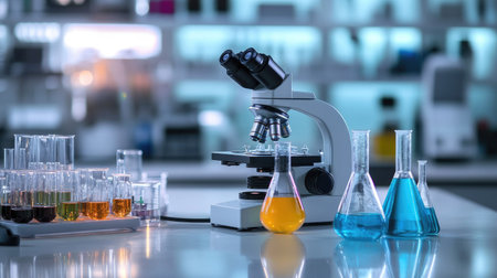 A well-equipped laboratory scene featuring a microscope and colorful chemical solutions in various glassware. Ideal for science and research themes.の素材