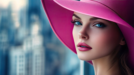 A striking portrait of a stylish woman in a vibrant pink hat, set against a blurred urban skyline. Her confident gaze and impeccable makeup highlight her beauty and elegance.の素材