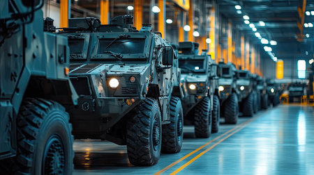 A detailed view of military armored vehicles lined up in a modern factory setting. The assembly line showcases advanced manufacturing techniques in defense technology.の素材