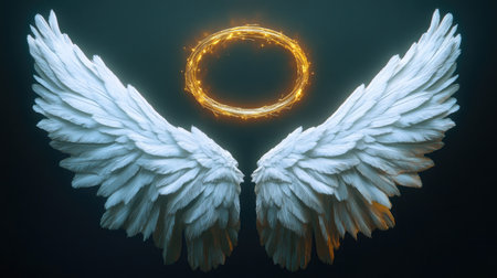 Captivating image of white angelic wings with a glowing halo, symbolizing purity and spirituality. Ideal for creative and inspirational projects.の素材