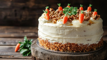 A beautifully crafted carrot cake topped with walnuts and decorative carrots. Perfect for celebrations, this dessert brings a rustic charm to any table setting.の素材