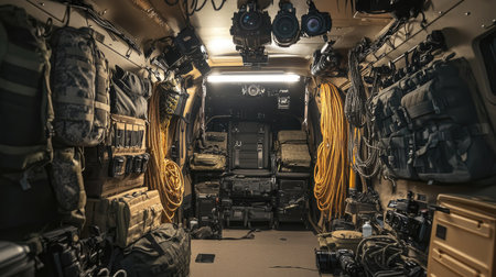Explore the interior of a tactical vehicle, showcasing military equipment and gear, organized for efficiency and readiness in various operational scenarios.の素材