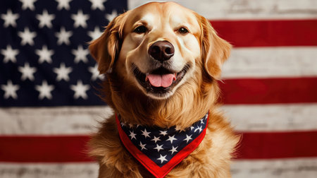 A cheerful golden retriever dog poses proudly with a vibrant bandana featuring the American flag. This portrait captures the warmth and loyalty of the breed.の素材