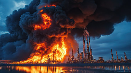 A dramatic scene captures a massive fire at an industrial facility, with thick smoke and towering flames against a colorful sunset. This image illustrates the intensity of industrial disasters.の素材