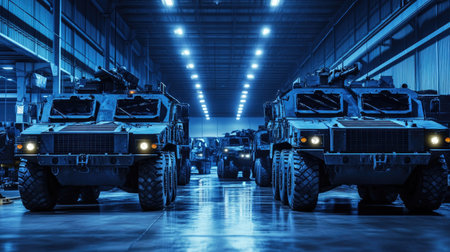 Blue-lit industrial warehouse filled with military vehicles showcases advanced technology and operational readiness in a secure environment, reflecting defense capabilities.の素材