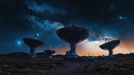 Stunning image of radio telescopes capturing the night sky, surrounded by a serene desert landscape. Ideal for subjects related to astronomy and technology.の素材