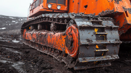 Close-up of a heavy machinery track covered in mud and dirt, showcasing rugged equipment used in construction. This image highlights industrial strength and power.の素材