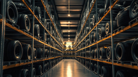 A spacious tire warehouse showcasing neatly stacked tires on high shelves. The organized layout highlights efficient storage and logistics in a modern facility.の素材