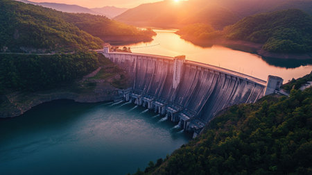 A stunning aerial view of a large concrete dam at sunset, surrounded by green mountains and reflecting water, showcasing the beauty of nature and engineering harmony.の素材