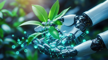 A robotic pair of hands gently cradles a young green plant, symbolizing the harmonious blend of technology and nature, emphasizing innovation and sustainability in agriculture.の素材