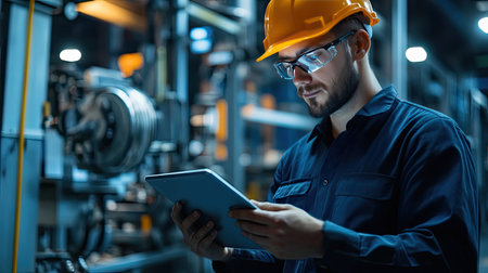 A focused industrial worker in a hard hat examines data on a tablet in a modern factory. The image showcases technology integration and safety measures in the workplace.の素材