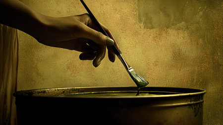 A close-up of a hand holding a paintbrush poised over a paint can, ready to mix vibrant colors. The soft light and textured background add to the artistic atmosphere of creativity.の素材