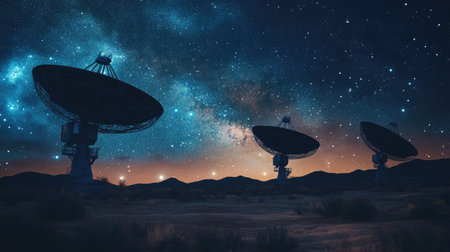 Captivating scene of satellite dishes set against a starry night sky, highlighting the beauty of technology, exploration, and the cosmos, perfect for science-themed projects.の素材