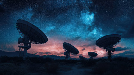 Captivating scene of radio telescopes silhouetted against a stunning starry sky, showcasing the beauty of the cosmos and technological exploration in a serene setting.の素材