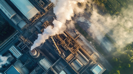 Captivating aerial image of an industrial facility with smoke towering into the sky, showcasing the complex machinery and operations integral to manufacturing processes.の素材