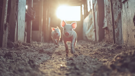 Two playful piglets run joyfully down a dirt path in a rustic barn, illuminated by warm sunlight filtering through the wooden structure. Perfect for farm-themed projects!の素材
