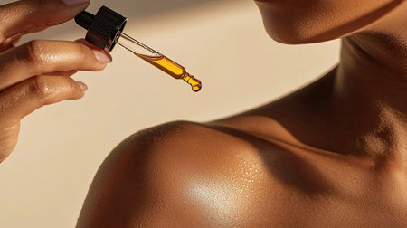 A close-up image of a dropper dispensing serum over beautifully glowing skin. The warm sunlight creates a captivating effect, perfect for beauty and skincare themes.の素材