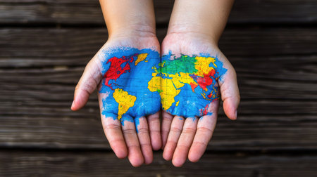 Hands display a vibrant map of the world, symbolizing global unity and care for diverse cultures. This artistic representation evokes awareness and inspiration.の素材