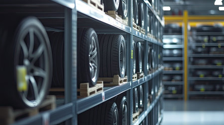 A modern warehouse showcases neatly stored tires on shelves. This organized storage highlights the importance of efficiency in inventory management for automotive services.の素材