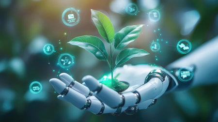 A futuristic robot hand gently holds a green plant, illustrating the fusion of technology and nature. Digital icons represent eco-friendly practices and innovation.の素材