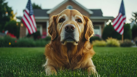 A golden retriever dog lounges on a lush green lawn, framed by American flags. This serene setting captures the essence of companionship and outdoor tranquility.の素材