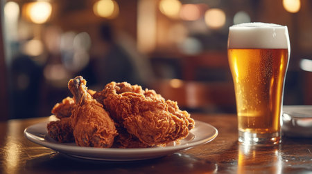 Enjoy a plate of crispy fried chicken paired with a refreshing cold beer. Perfect for a casual dining experience or a celebratory feast with friends.の素材