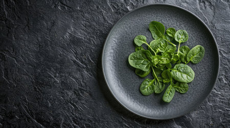 A close-up view of fresh spinach leaves arranged on a dark plate, perfect for healthy meal ideas, salads, or culinary presentations. Rich in nutrients and vibrant in color.の素材