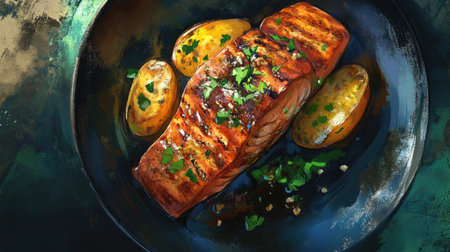 A visually appealing grilled salmon fillet garnished with fresh herbs, served with roasted potatoes. Ideal for food lovers and culinary enthusiasts.の素材