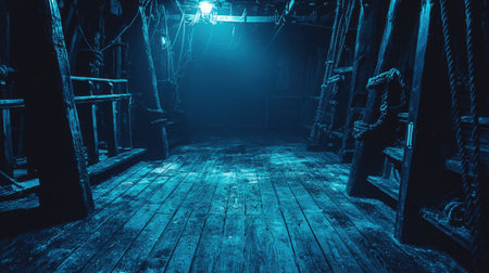 Explore the haunting beauty of an abandoned ship's interior illuminated in blue light. The worn wooden floor and deep shadows create an eerie, mysterious atmosphere perfect for storytelling and exploration themes.の素材