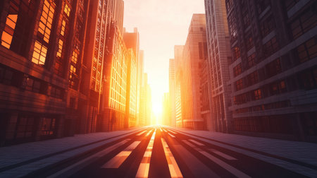 Stunning view of a city at sunset with skyscrapers lining the road, casting warm golden hues. Ideal for themes of urban life, architecture, and tranquility.の素材