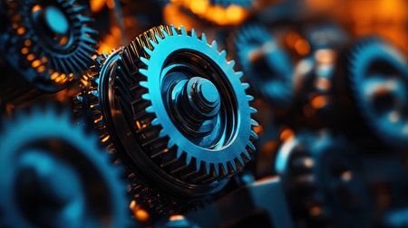 This detailed close-up image depicts interlocking gears with a shiny metallic finish. The intricate design highlights the precision and technology in engineering and machinery.の素材
