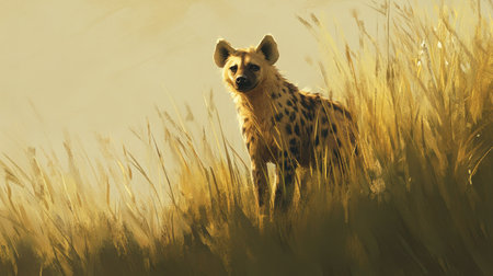 A captivating depiction of a hyena standing gracefully in tall grass. This artwork captures the essence of wildlife, showcasing the beauty of nature during dusk.の素材