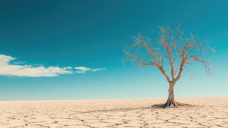 A solitary tree stands in the vast expanse of a dry desert landscape, highlighting the stark beauty of nature and the impacts of drought.の素材
