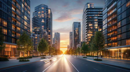 A stunning urban street scene at sunset with modern skyscrapers lined with greenery. The warm colors create a tranquil atmosphere perfect for city exploration.の素材