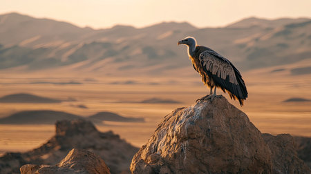 A stunning vulture stands confidently on a rocky outcrop, overlooking a vast desert landscape bathed in warm sunset hues. The scene captures the beauty of wildlife and nature.の素材